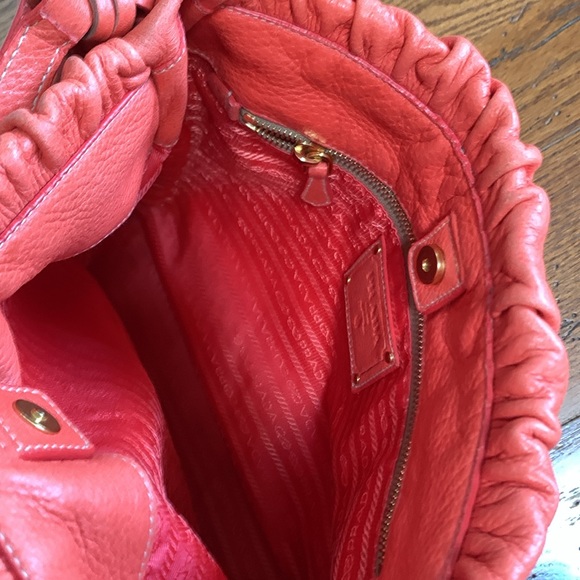 PRADA Cervo Pleat Bag Hobo Orange Deerskin Women’s Crossbody Designer Purse - Picture 13 of 16